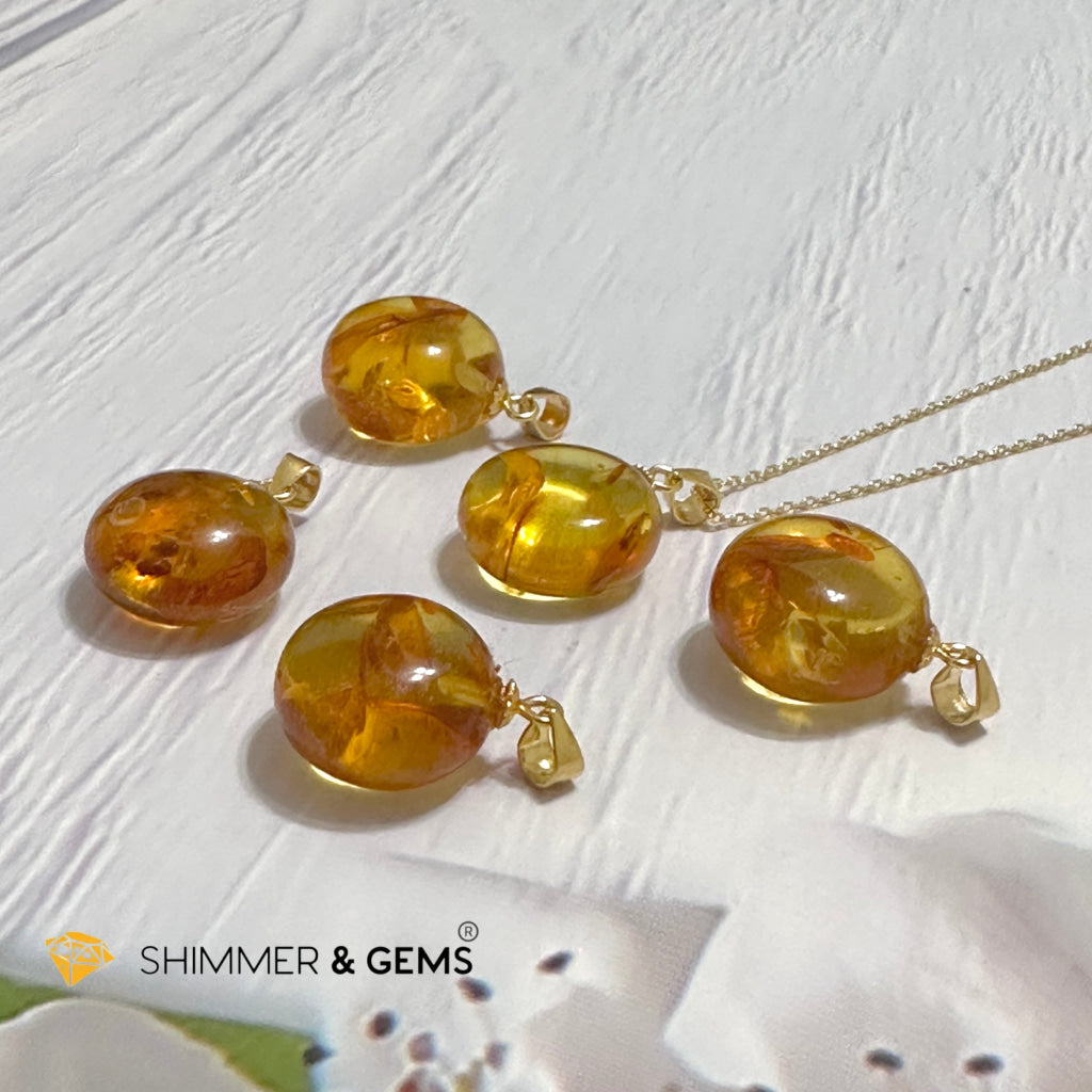 Amber Round 15mm Pendant 925 Silver (Charm for Luck)