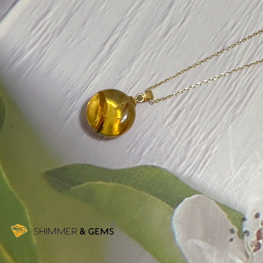 Amber Round 15mm Pendant 925 Silver (Charm for Luck)