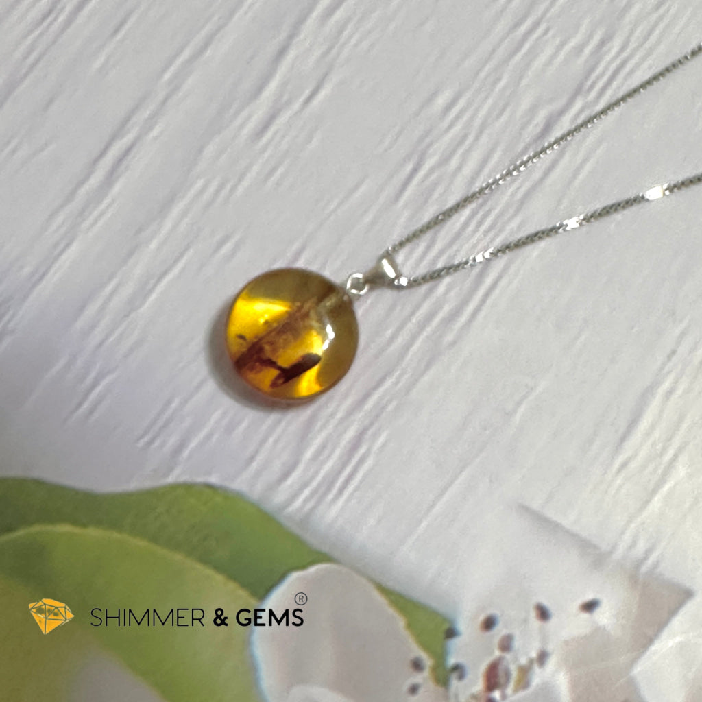 Amber Round 15mm Pendant 925 Silver (Charm for Luck)