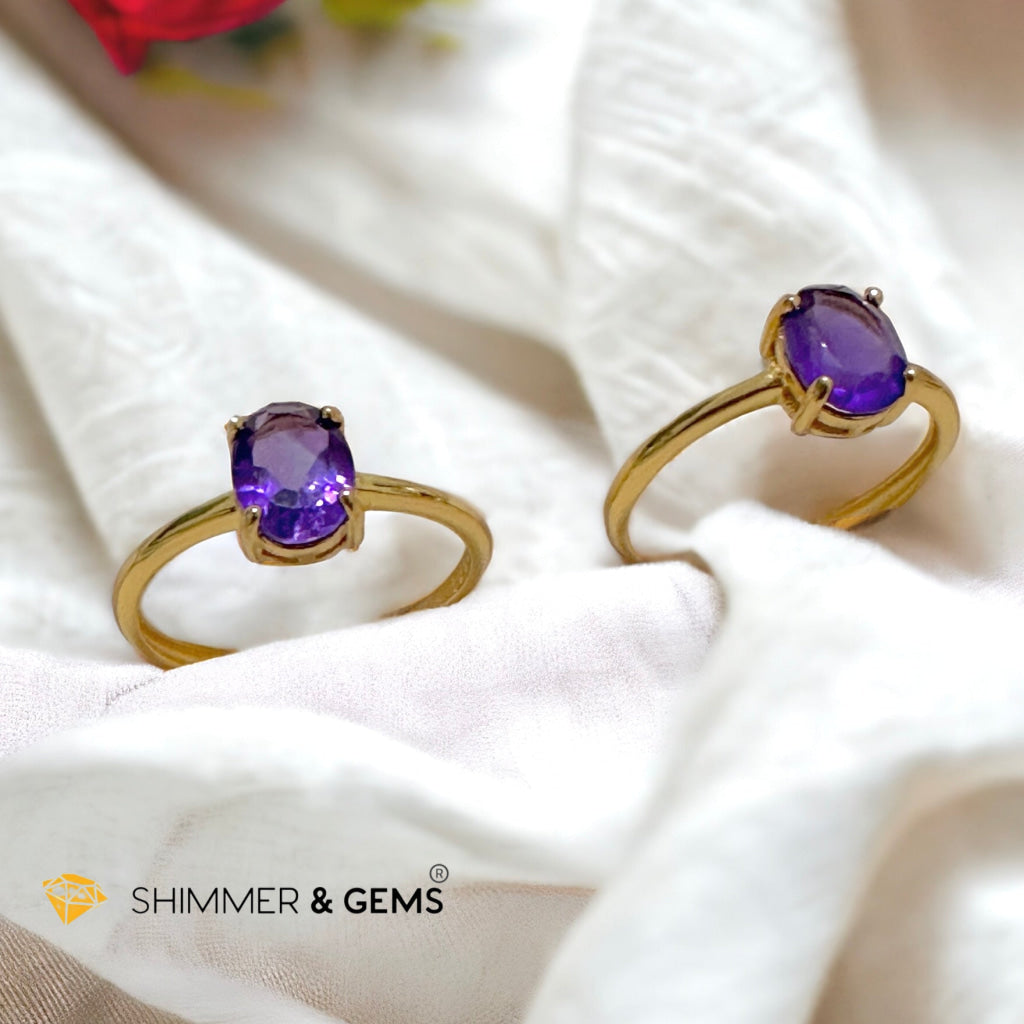 Amethyst 14k Gold Plating 925 Silver Oval Rings (Adjustable Size)