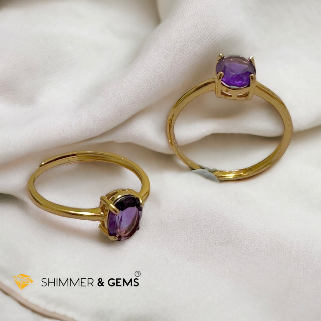 Amethyst 14k Gold Plating 925 Silver Oval Rings (Adjustable Size)