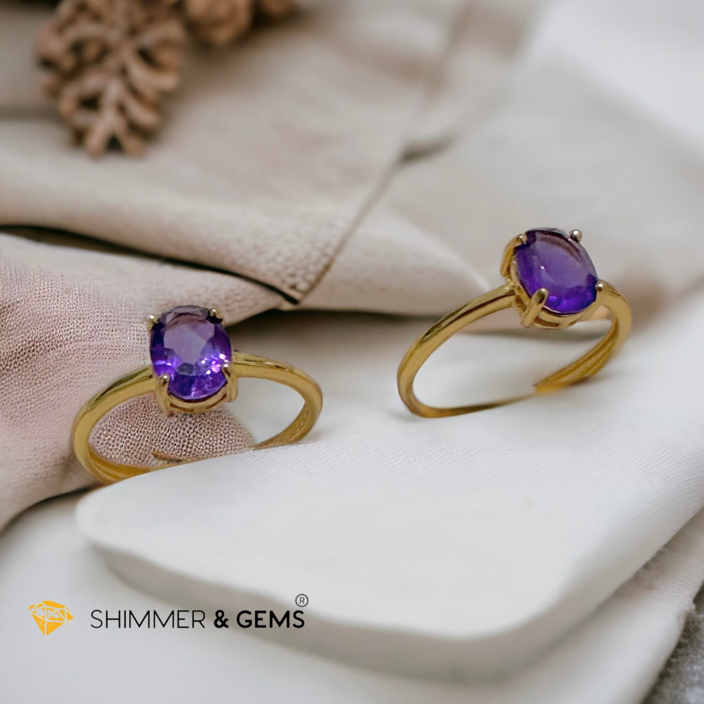 Amethyst 14k Gold Plating 925 Silver Oval Rings (Adjustable Size)