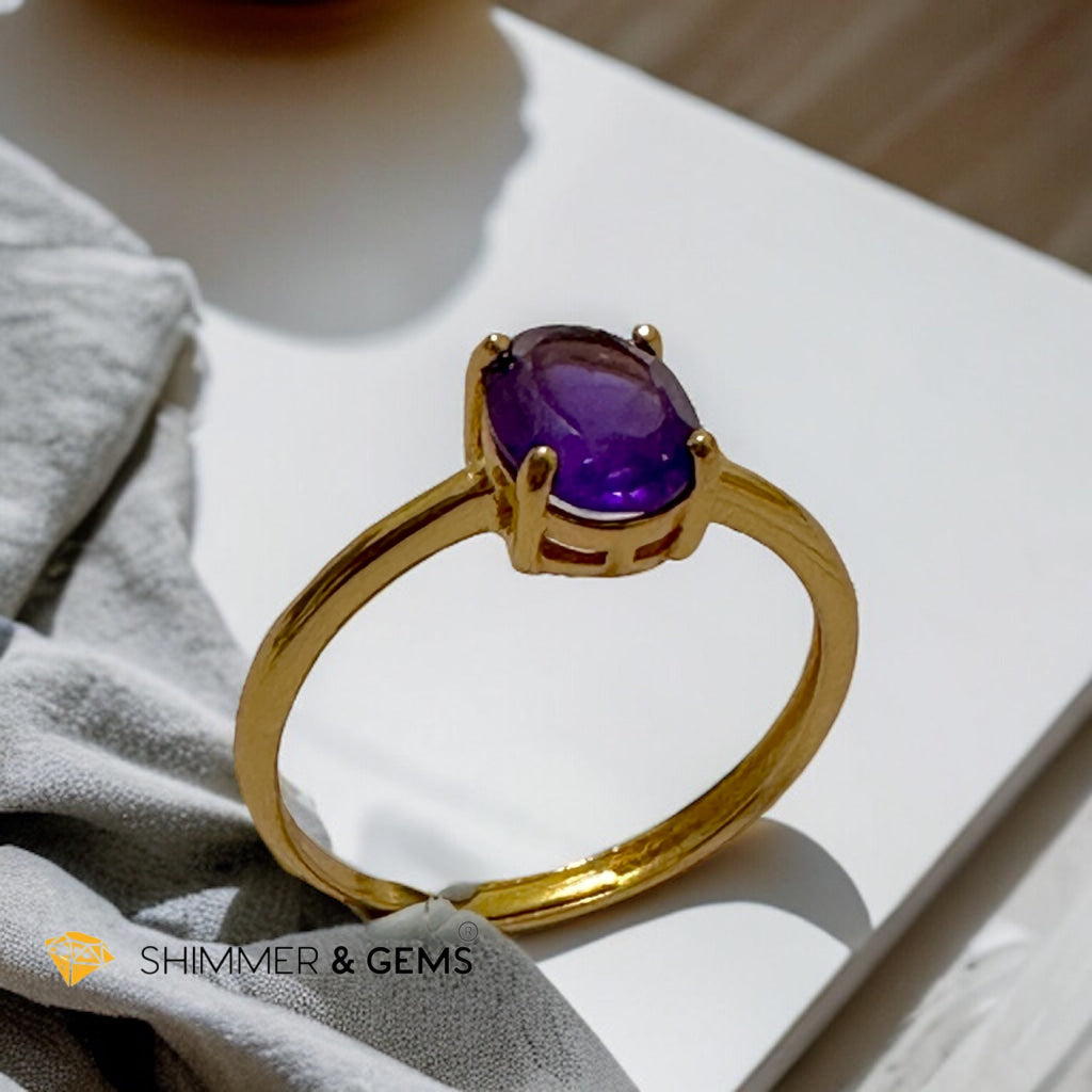 Amethyst 14k Gold Plating 925 Silver Oval Rings (Adjustable Size)