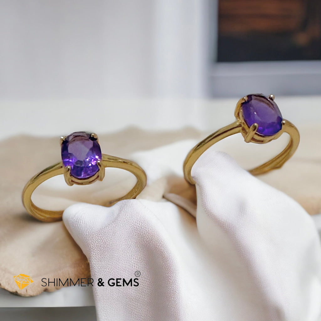 Amethyst 14k Gold Plating 925 Silver Oval Rings (Adjustable Size)