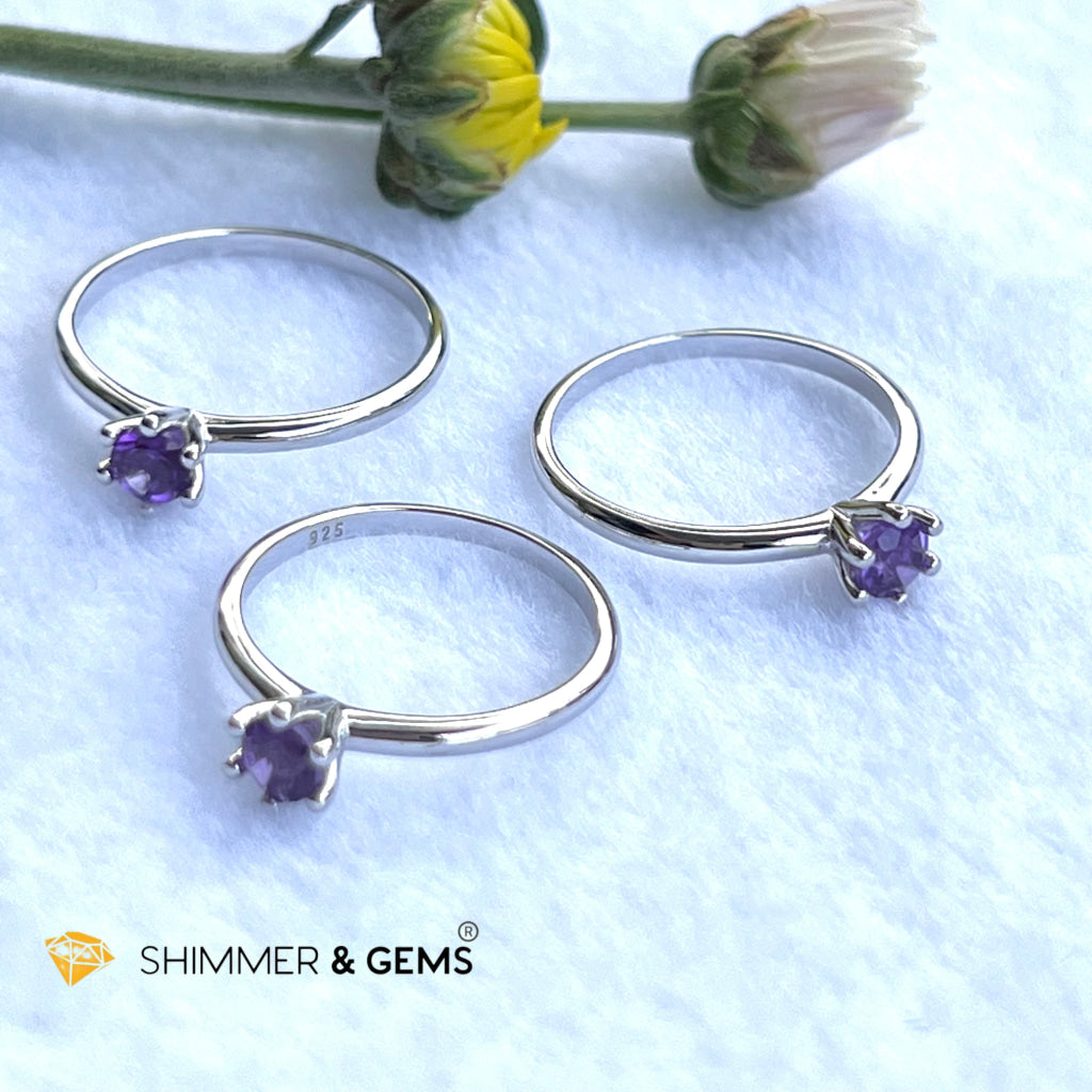 Amethyst 4Mm Blooming Flower 925 Silver Rings (Success)