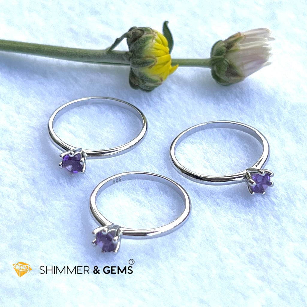 Amethyst 4Mm Blooming Flower 925 Silver Rings (Success)