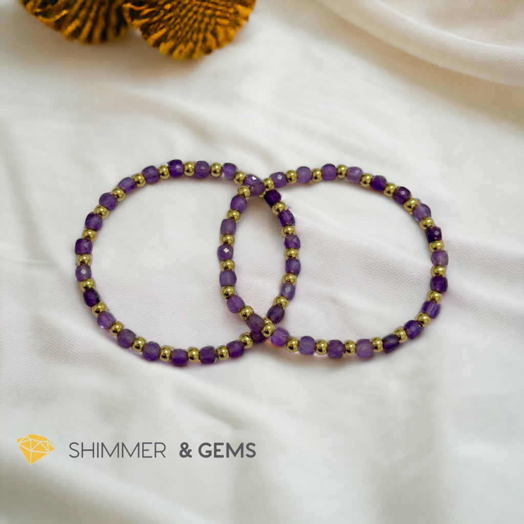 Amethyst Cube (4mm) Bracelet with Stainless Steel Beads
