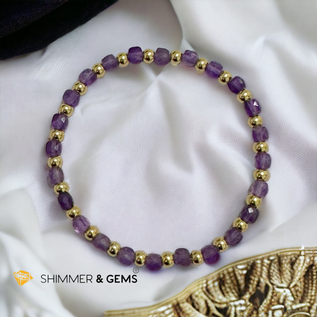 Amethyst Cube (4mm) Bracelet with Stainless Steel Beads
