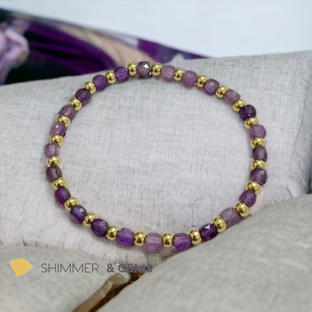 Amethyst Cube (4mm) Bracelet with Stainless Steel Beads