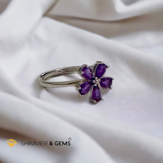 Amethyst Floral (10mm) 925 Silver Adjustable Ring