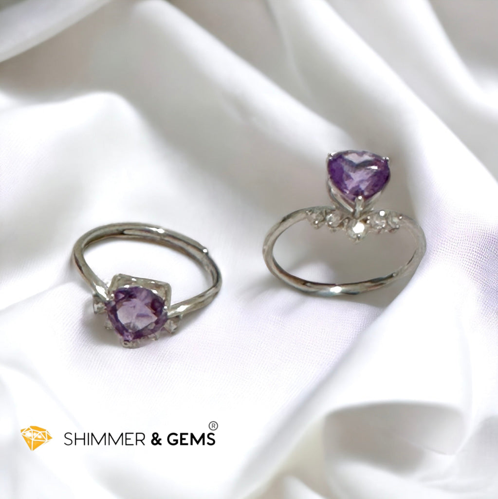 Amethyst Heart 925 Silver Adjustable Ring