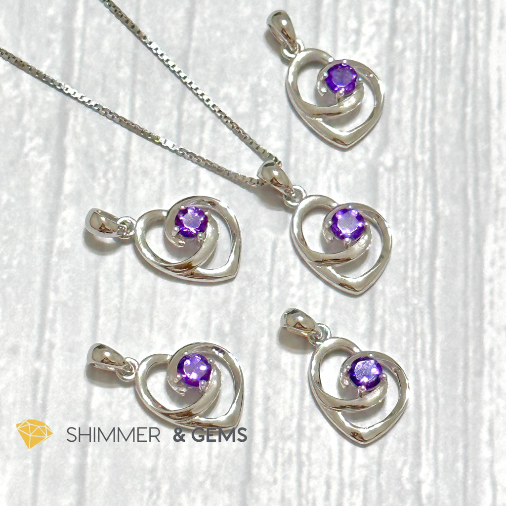 Amethyst Heart with Heart 4mm 925 Silver Pendant