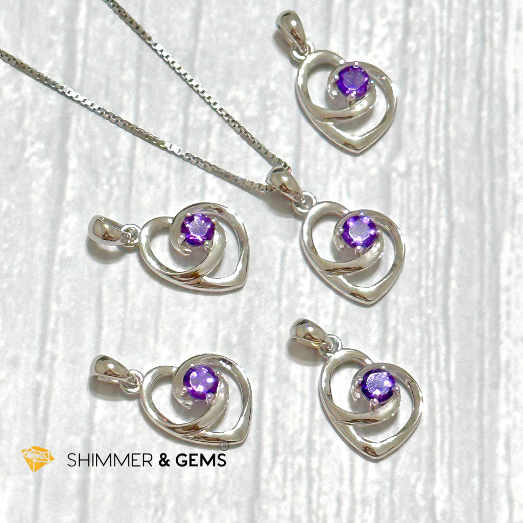 Amethyst Heart with Heart 4mm 925 Silver Pendant