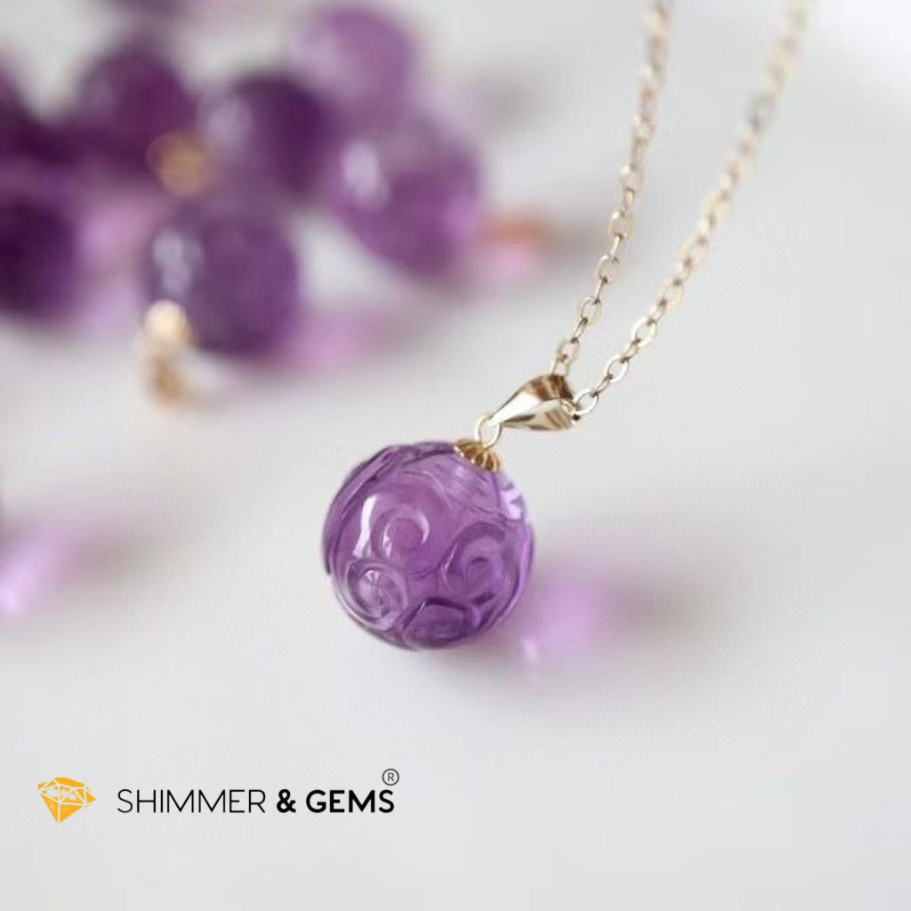 Amethyst Huiwen Ball 18K Gold Pendant (10Mm) + 925 Silver Chain Charms & Pendants