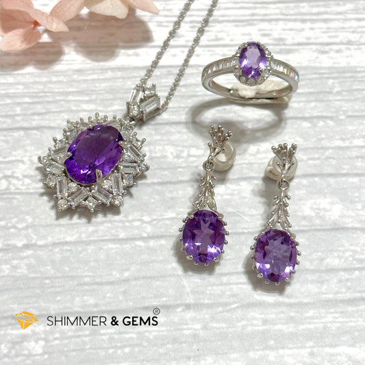 Amethyst Jewelry Set 925 Silver (Ring, Earrings, Necklace)