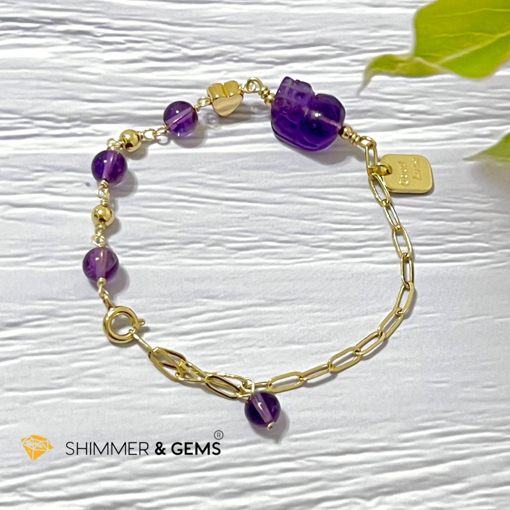 Amethyst Pixiu With Good Luck Tag Stainless Steel Bracelet Adjustable Size (5.5-7) Bracelets
