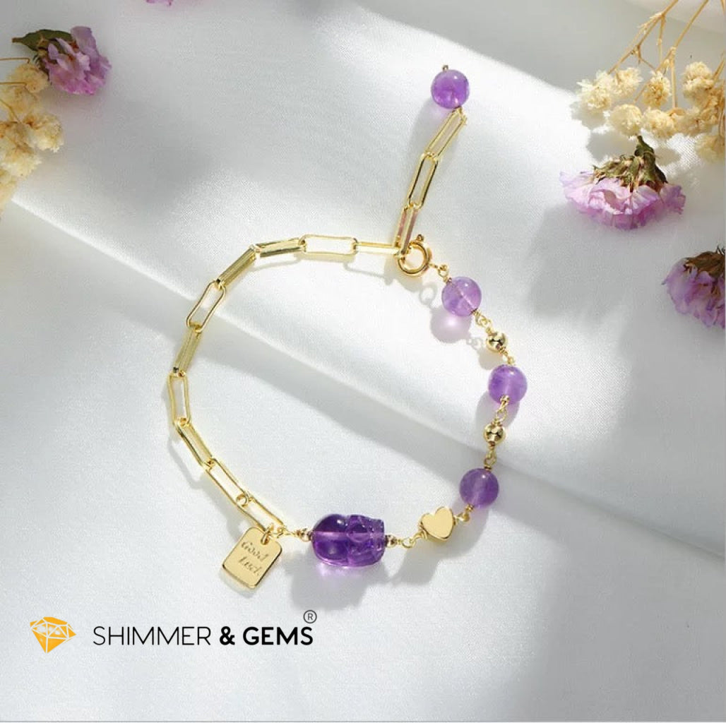 Amethyst Pixiu With Good Luck Tag Stainless Steel Bracelet Bracelets