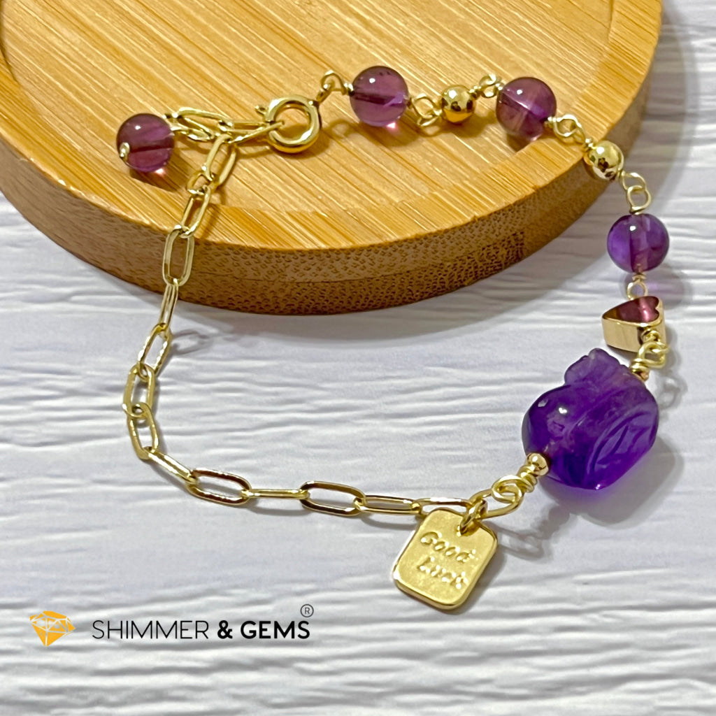 Amethyst Pixiu With Good Luck Tag Stainless Steel Bracelet Bracelets