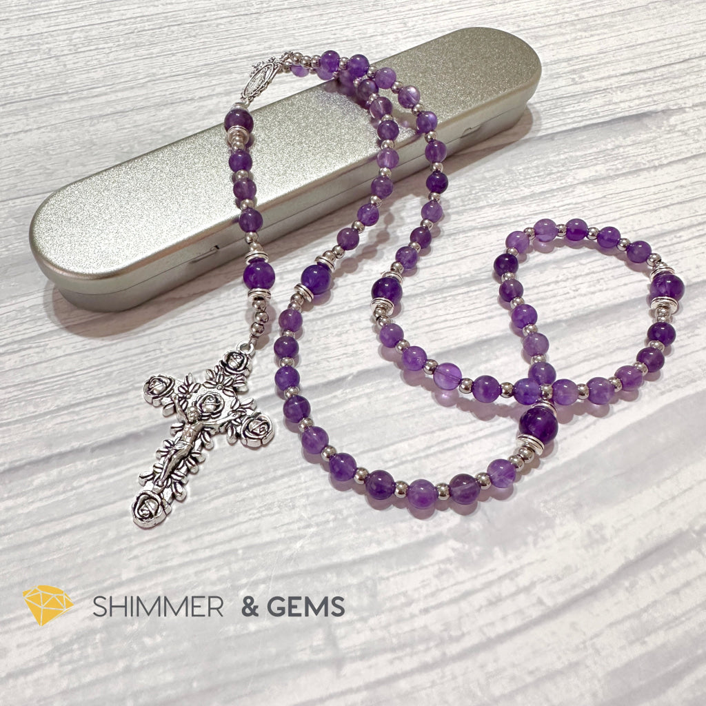 Amethyst Rosary Beads with Our Lady of Grace Medal and Rose Crucifix (Handmade with Love)