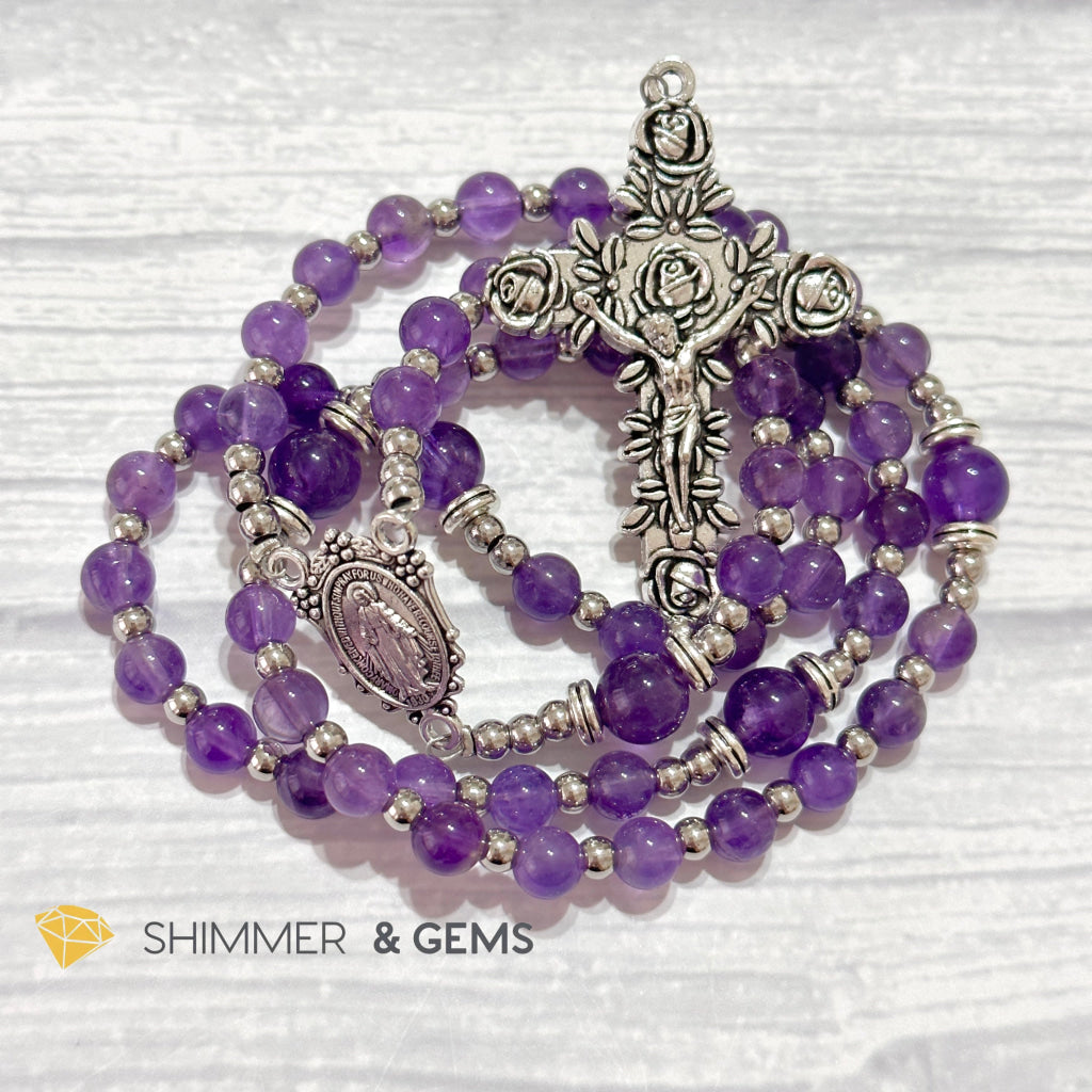 Amethyst Rosary Beads with Our Lady of Grace Medal and Rose Crucifix (Handmade with Love)
