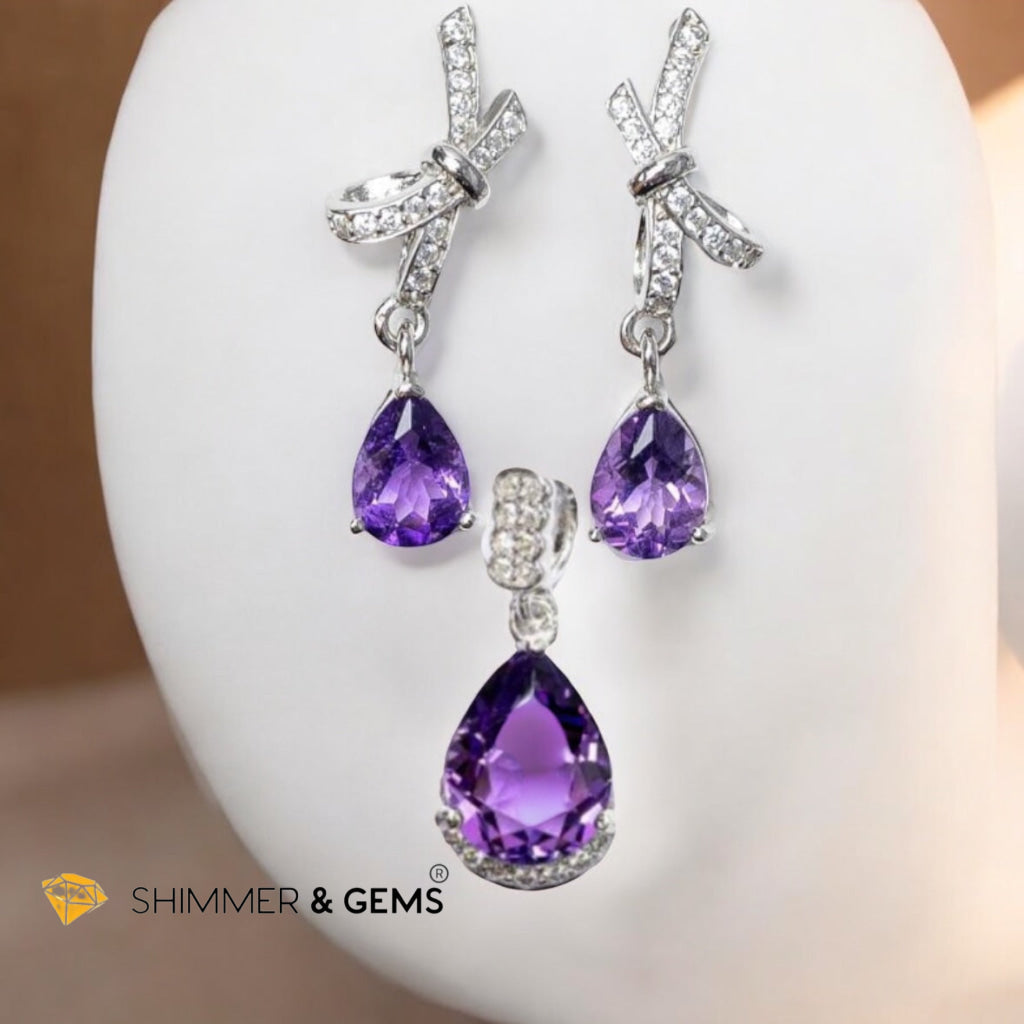 Amethyst Set with Dangle Earrings & Solitaire Pendant 925 Silver (AAA)