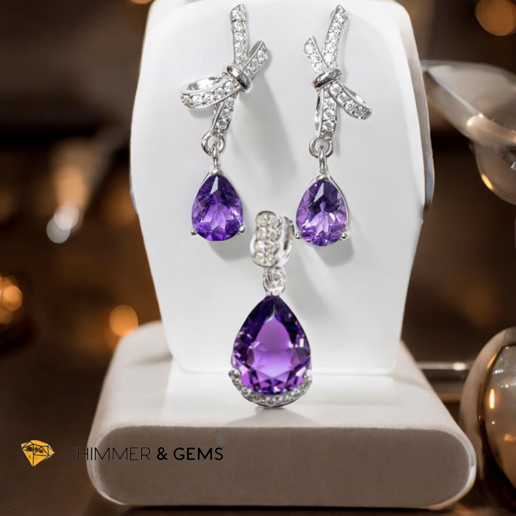 Amethyst Set with Dangle Earrings & Solitaire Pendant 925 Silver (AAA)