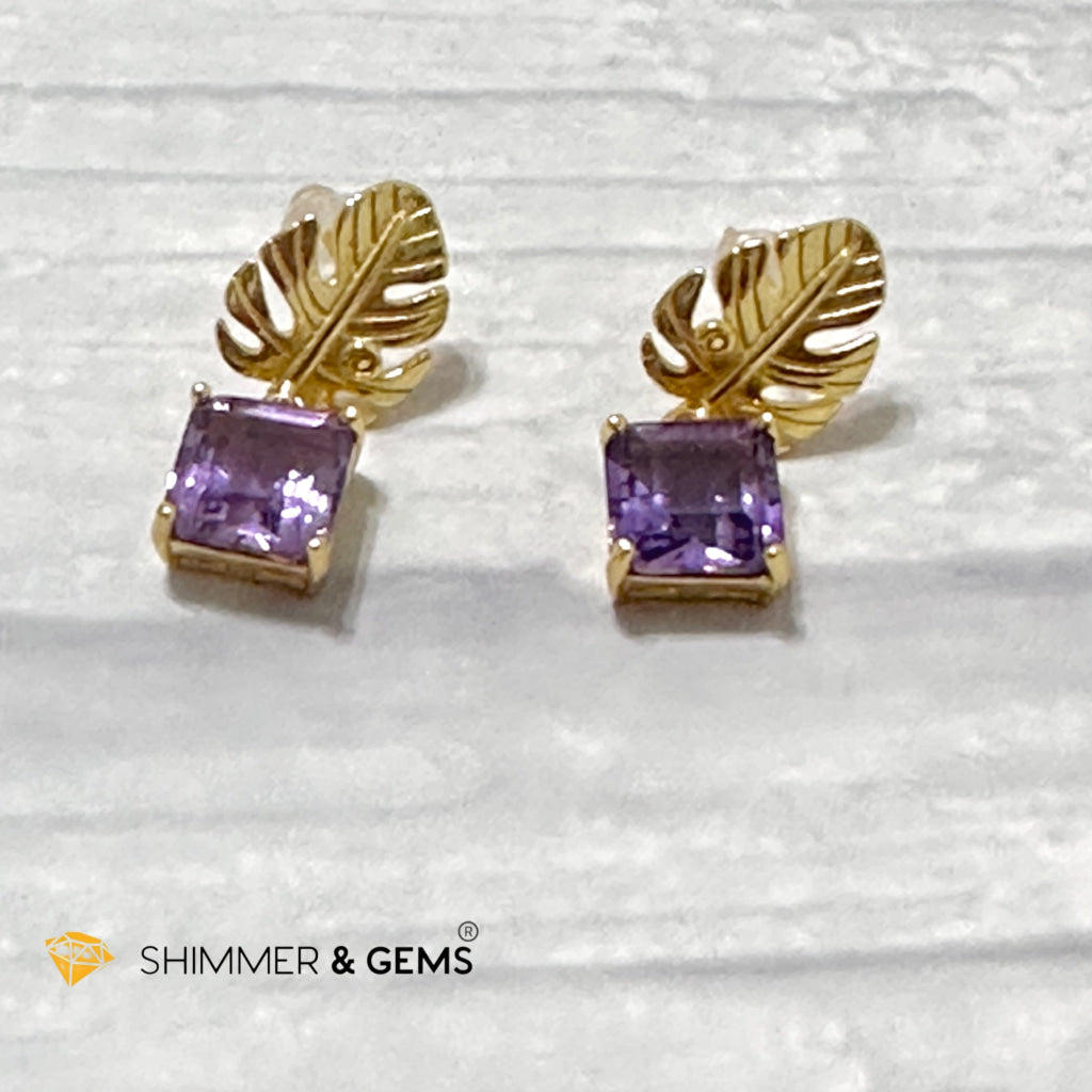 Amethyst Square Leaf 925 Silver Gold Plated Earrings