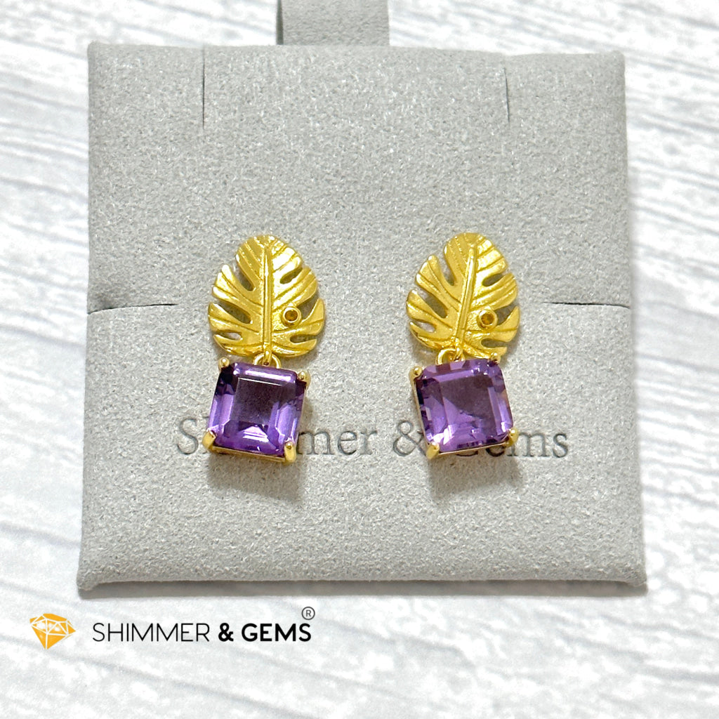 Amethyst Square Leaf 925 Silver Gold Plated Earrings