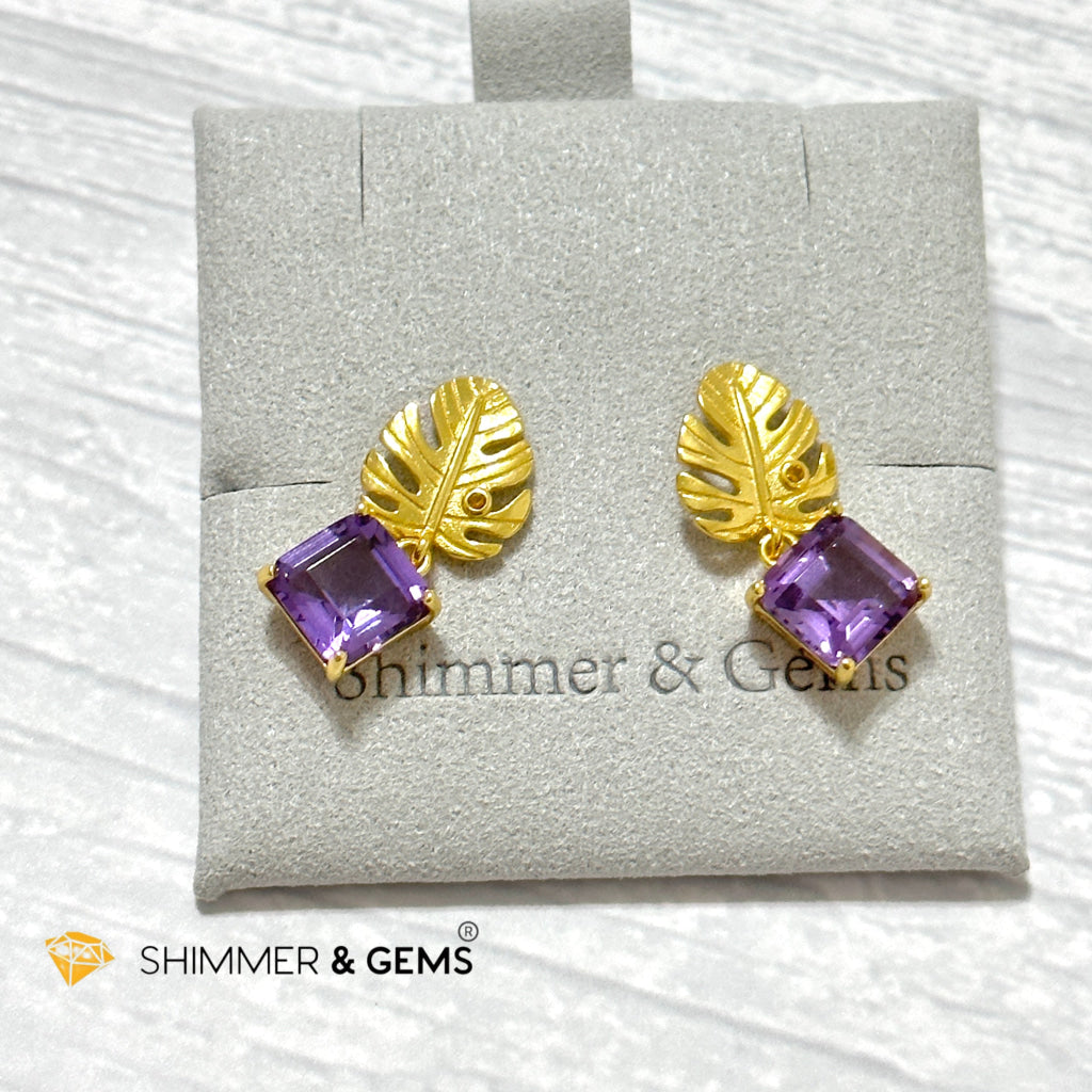 Amethyst Square Leaf 925 Silver Gold Plated Earrings