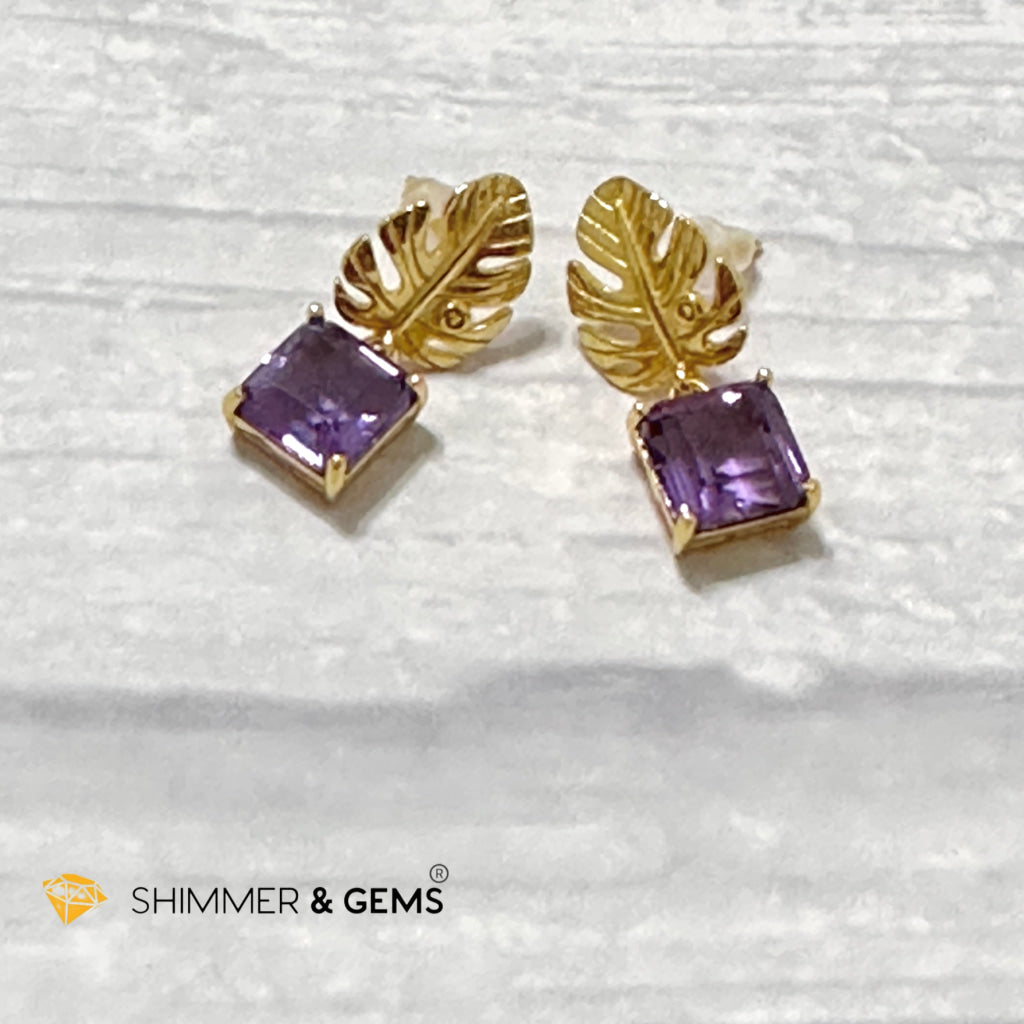 Amethyst Square Leaf 925 Silver Gold Plated Earrings