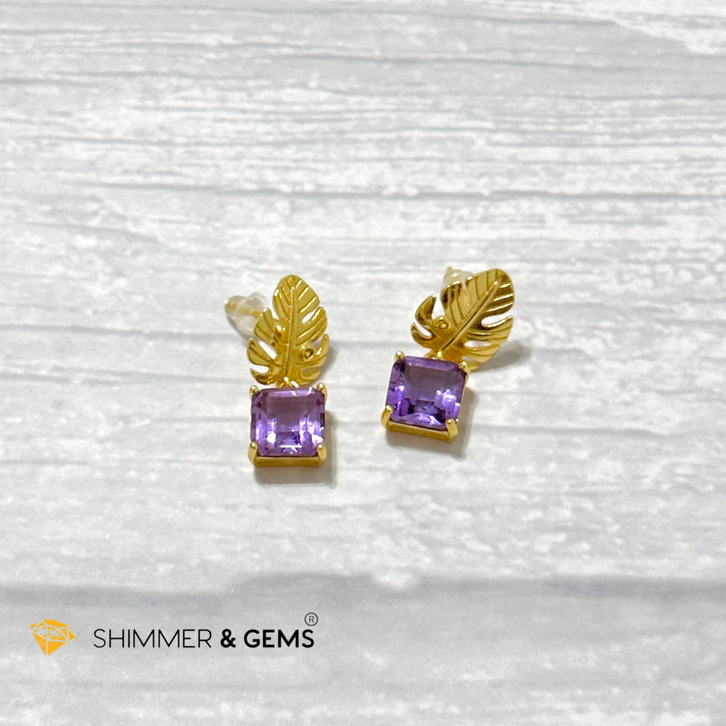 Amethyst Square Leaf 925 Silver Gold Plated Earrings