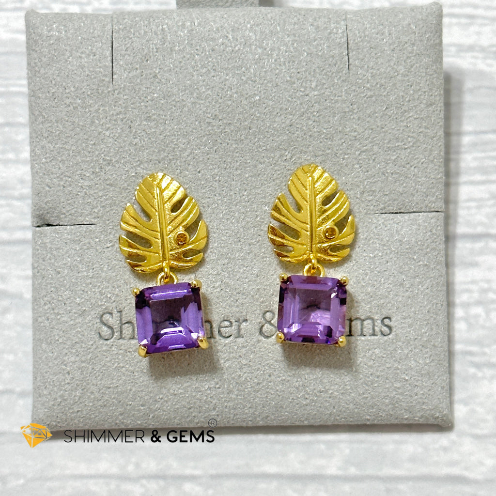 Amethyst Square Leaf 925 Silver Gold Plated Earrings