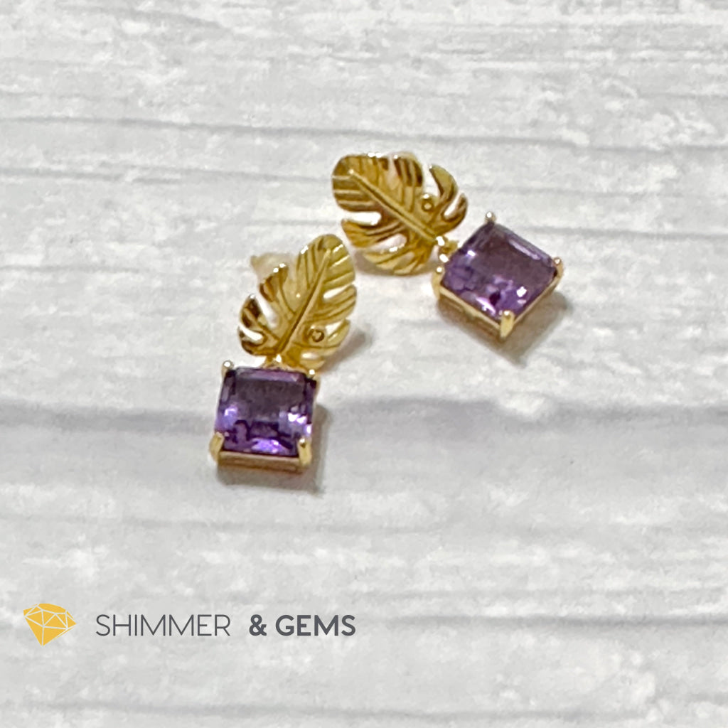 Amethyst Square Leaf 925 Silver Gold Plated Earrings Per Pair (25Mm)