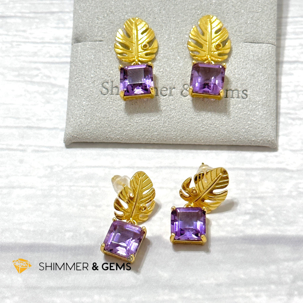 Amethyst Square Leaf 925 Silver Gold Plated Earrings