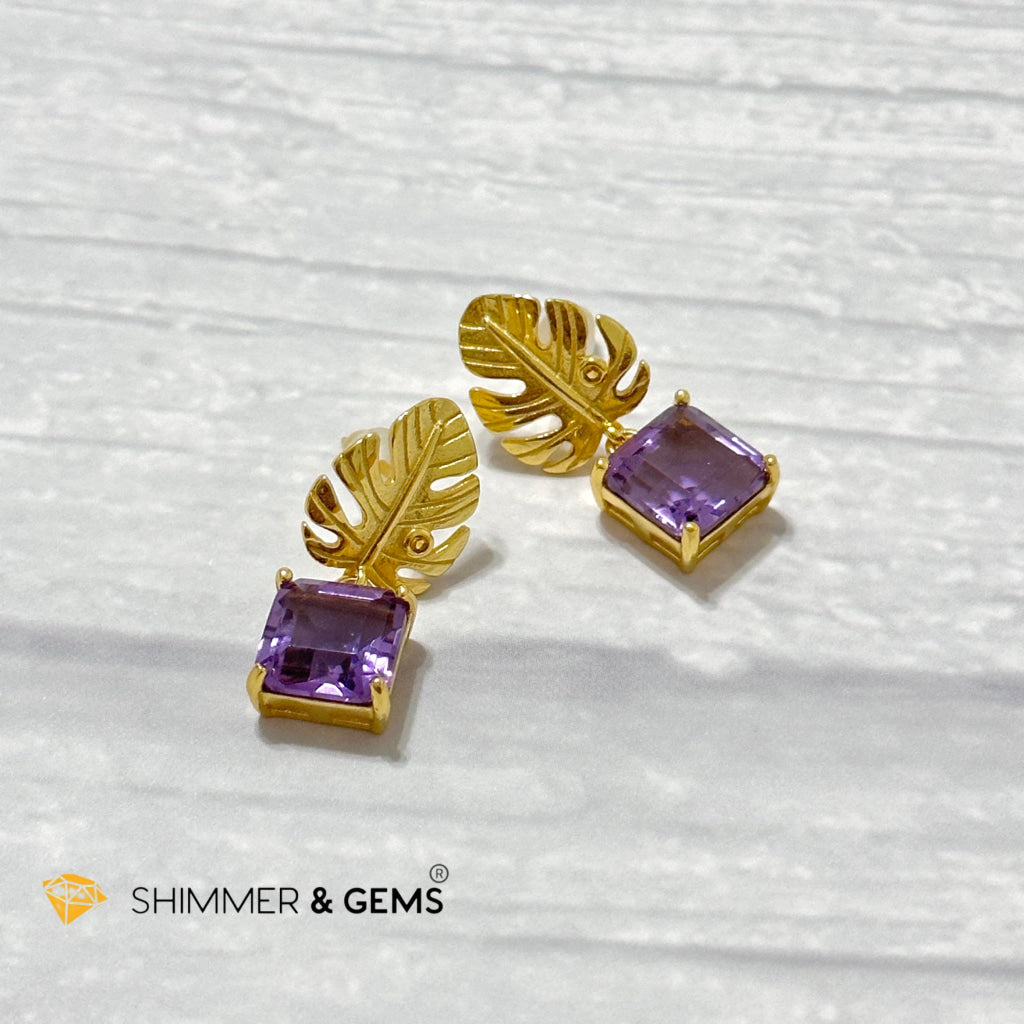 Amethyst Square Leaf 925 Silver Gold Plated Earrings