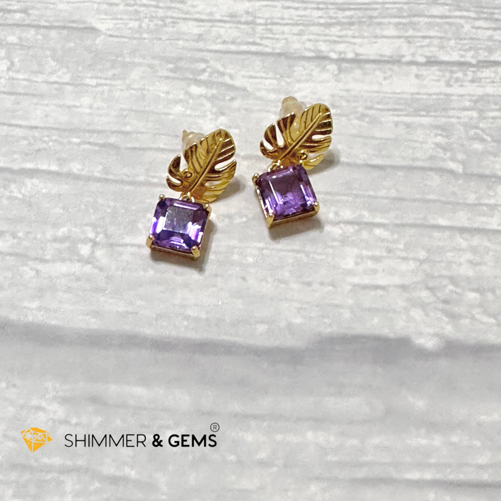 Amethyst Square Leaf 925 Silver Gold Plated Earrings