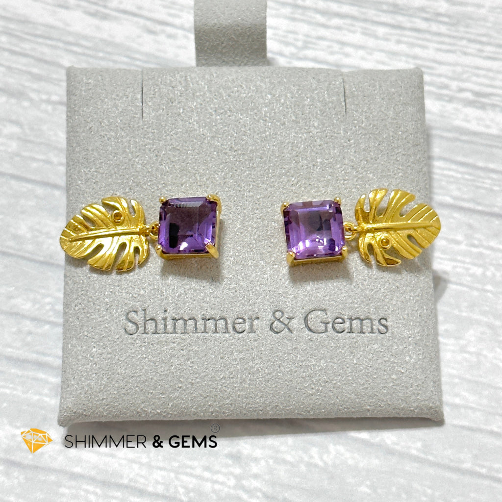 Amethyst Square Leaf 925 Silver Gold Plated Earrings