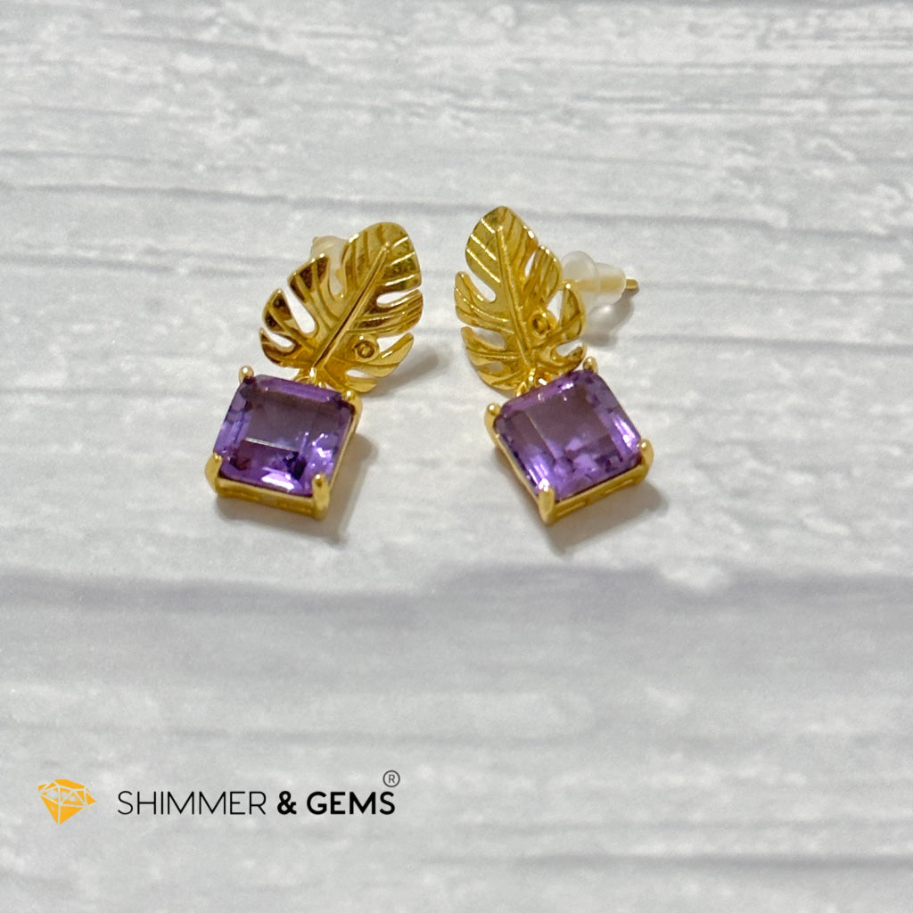 Amethyst Square Leaf 925 Silver Gold Plated Earrings