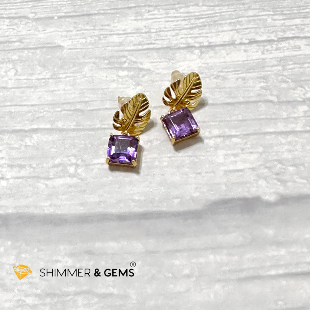 Amethyst Square Leaf 925 Silver Gold Plated Earrings