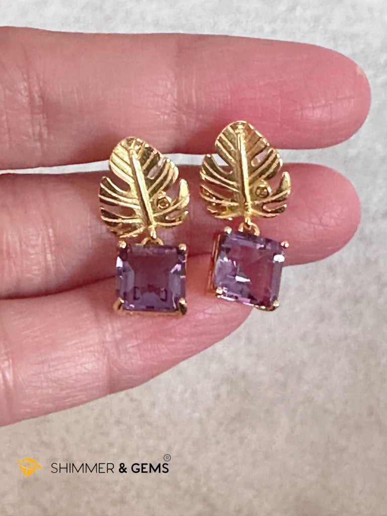 Amethyst Square Leaf 925 Silver Gold Plated Earrings