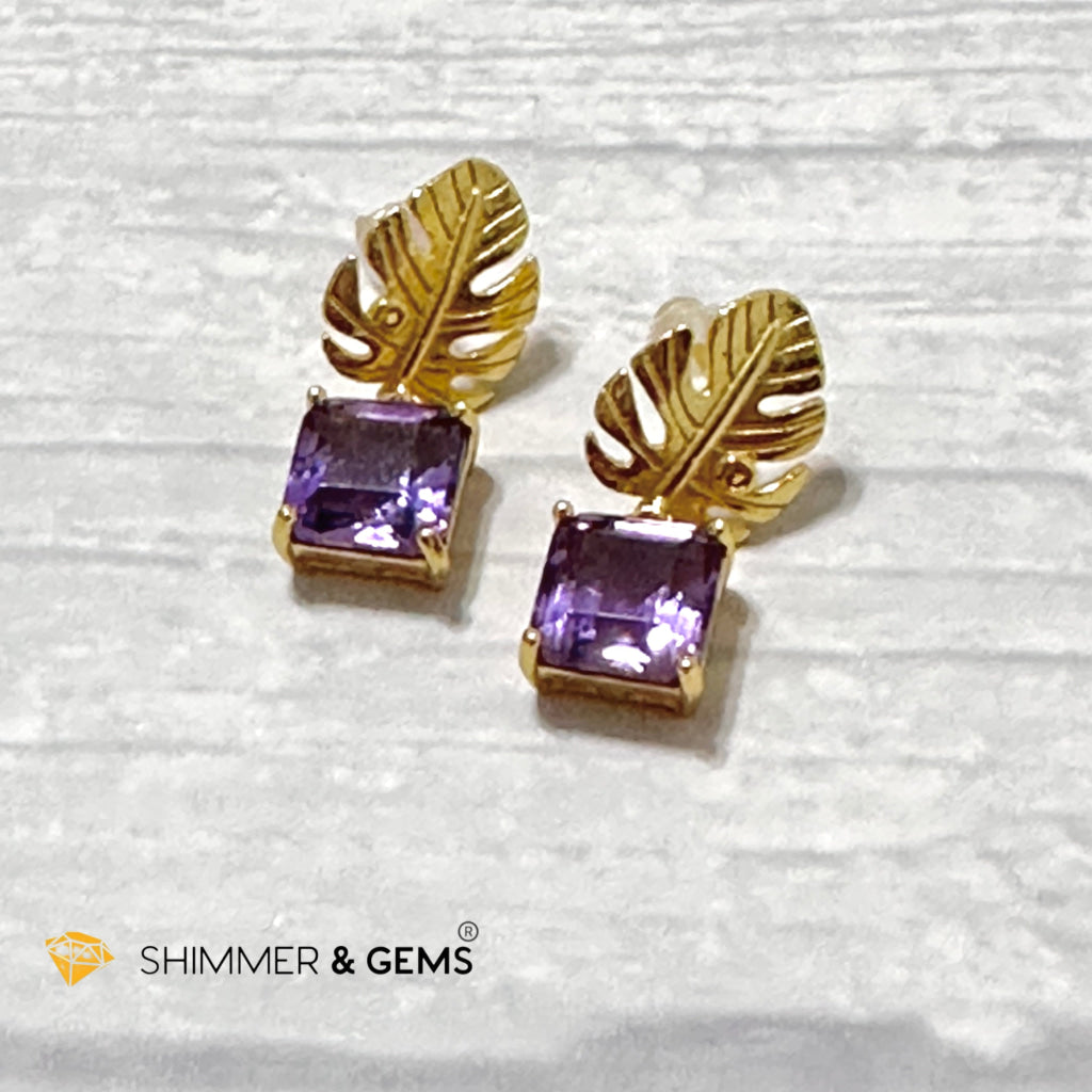 Amethyst Square Leaf 925 Silver Gold Plated Earrings