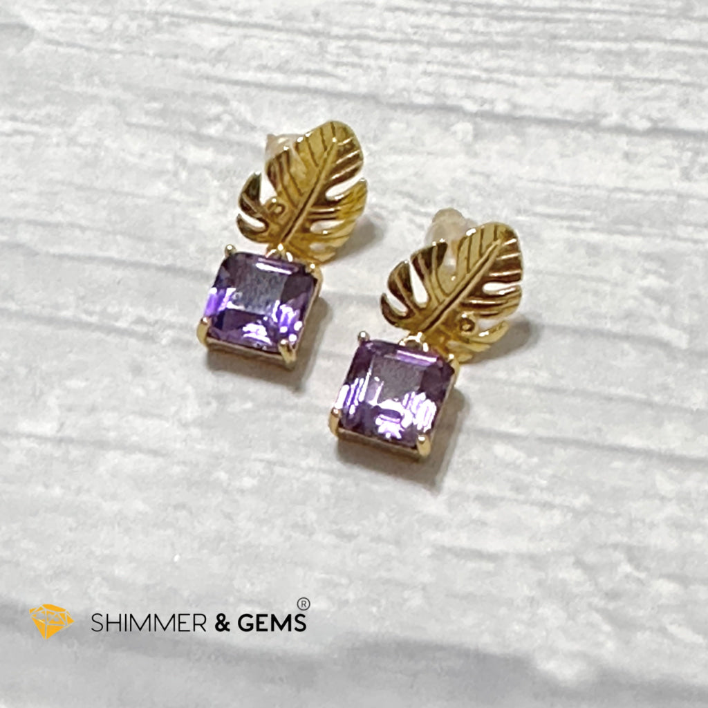 Amethyst Square Leaf 925 Silver Gold Plated Earrings