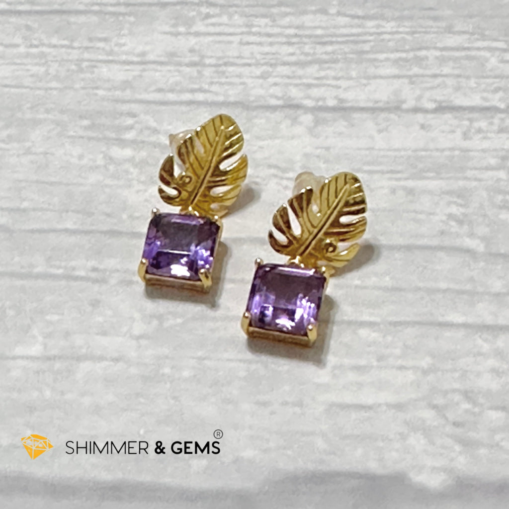 Amethyst Square Leaf 925 Silver Gold Plated Earrings