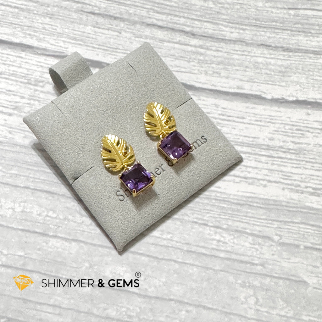 Amethyst Square Leaf 925 Silver Gold Plated Earrings