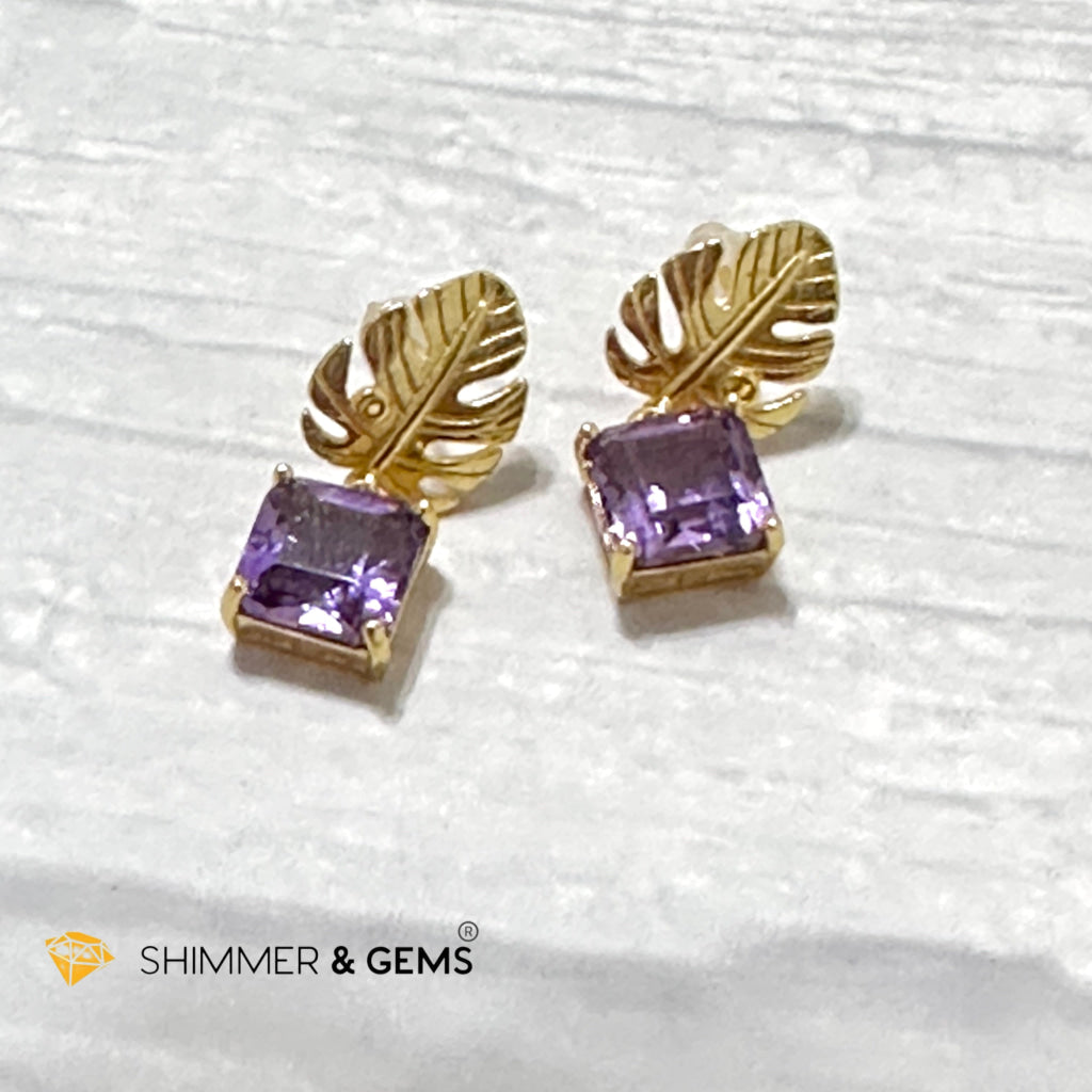 Amethyst Square Leaf 925 Silver Gold Plated Earrings