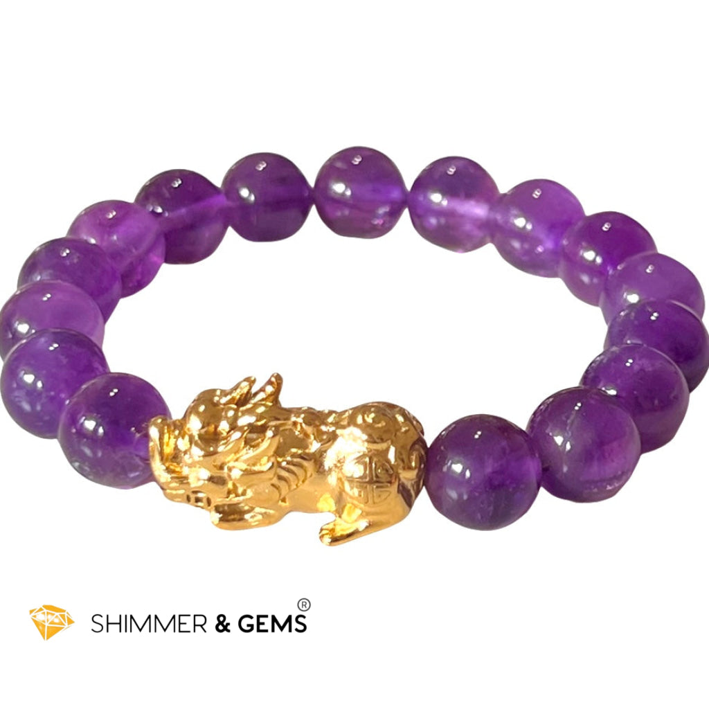 Amethyst Stainless Steel Pixiu Bracelet (10Mm) 5.5 Bracelets
