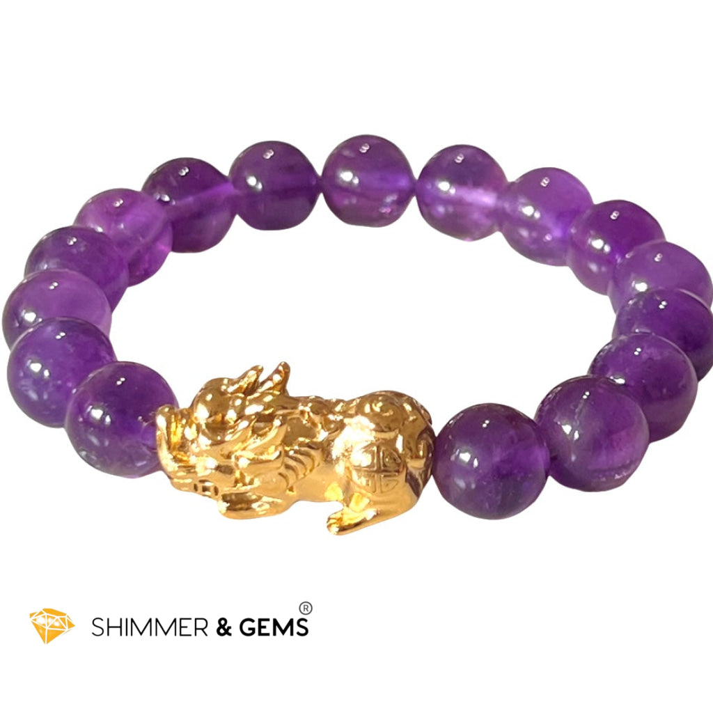 Amethyst Stainless Steel Pixiu Bracelet (10Mm) Bracelets