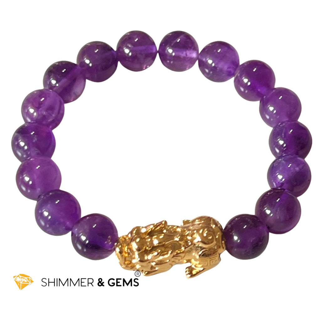 Amethyst Stainless Steel Pixiu Bracelet (10Mm) Bracelets