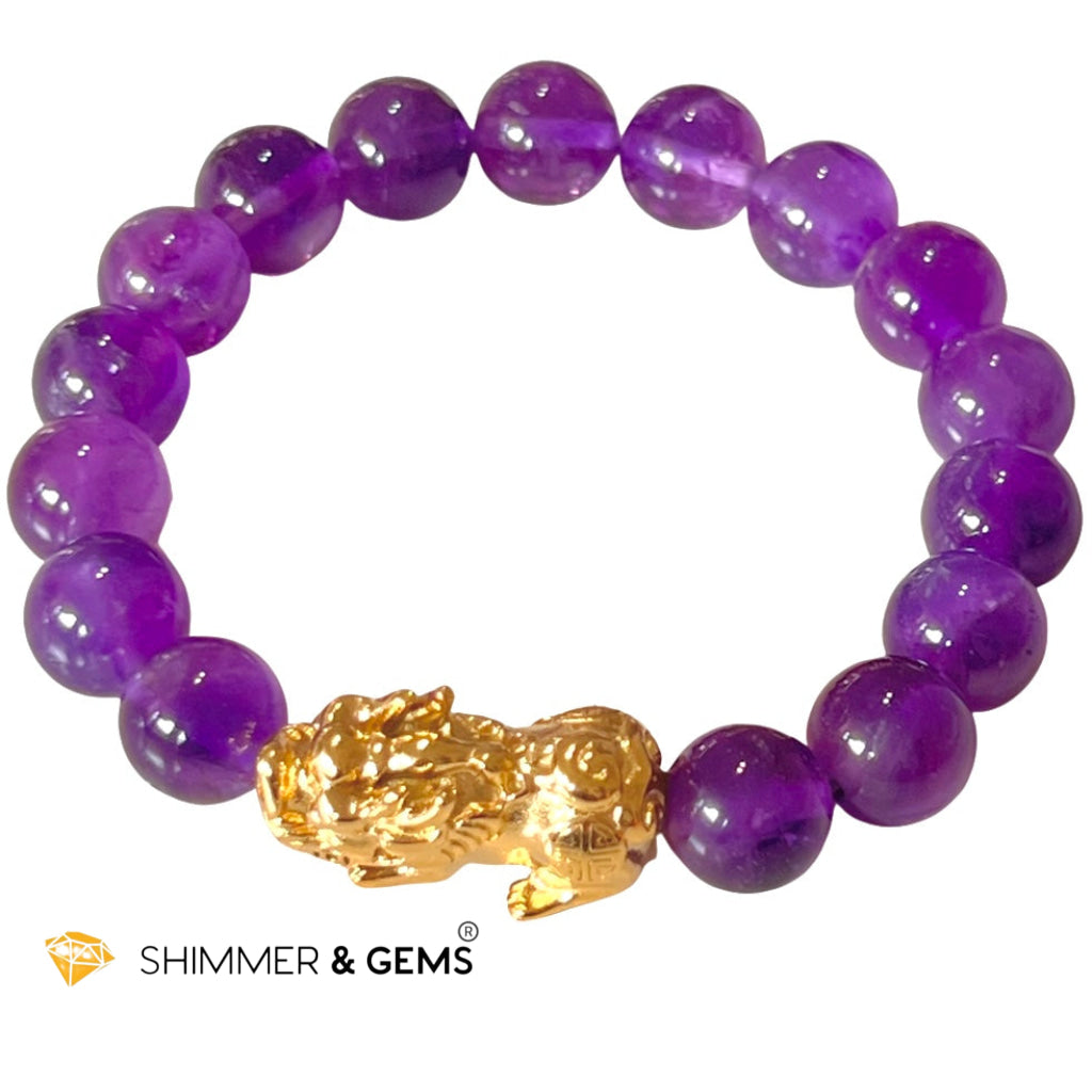 Amethyst Stainless Steel Pixiu Bracelet (10Mm) Bracelets
