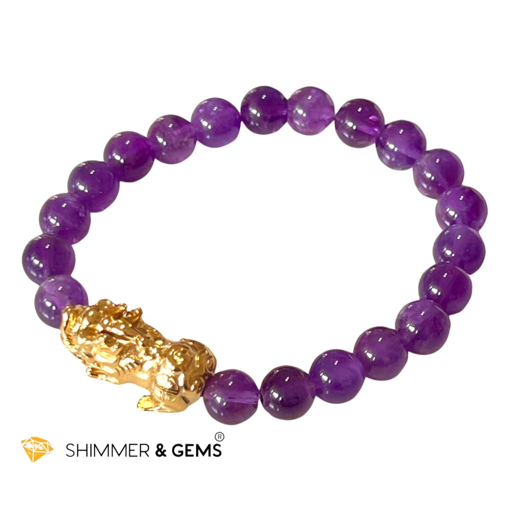 Amethyst Stainless Steel Pixiu Bracelet (8Mm) Bracelets